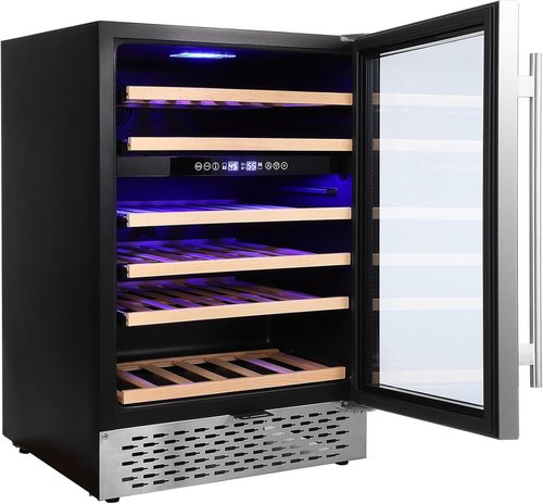 EliteEdge 51-Bottle Dual Zone Wine Cooler,Quiet Operation, LED Lighting, Adjustable Shelves, Freestanding/Built-In Design with Lockable Glass Door