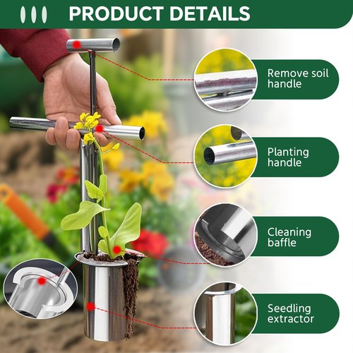OuShuron Bulb Planter Tool,Stainless Steel Plant Seedling Transplanter,with 30 Plant Support and 164ft Twist Ties,Used for transplanting, Supporting, and Fixing seedlings