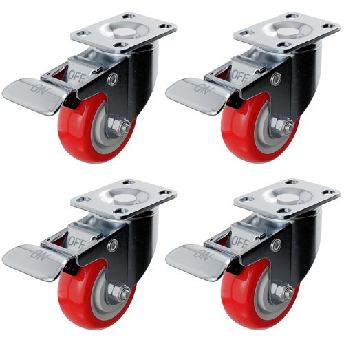 Online Best Service 4 Pack Caster Wheels Swivel Plate On Red Polyurethane Wheels (3 inch with Brake)