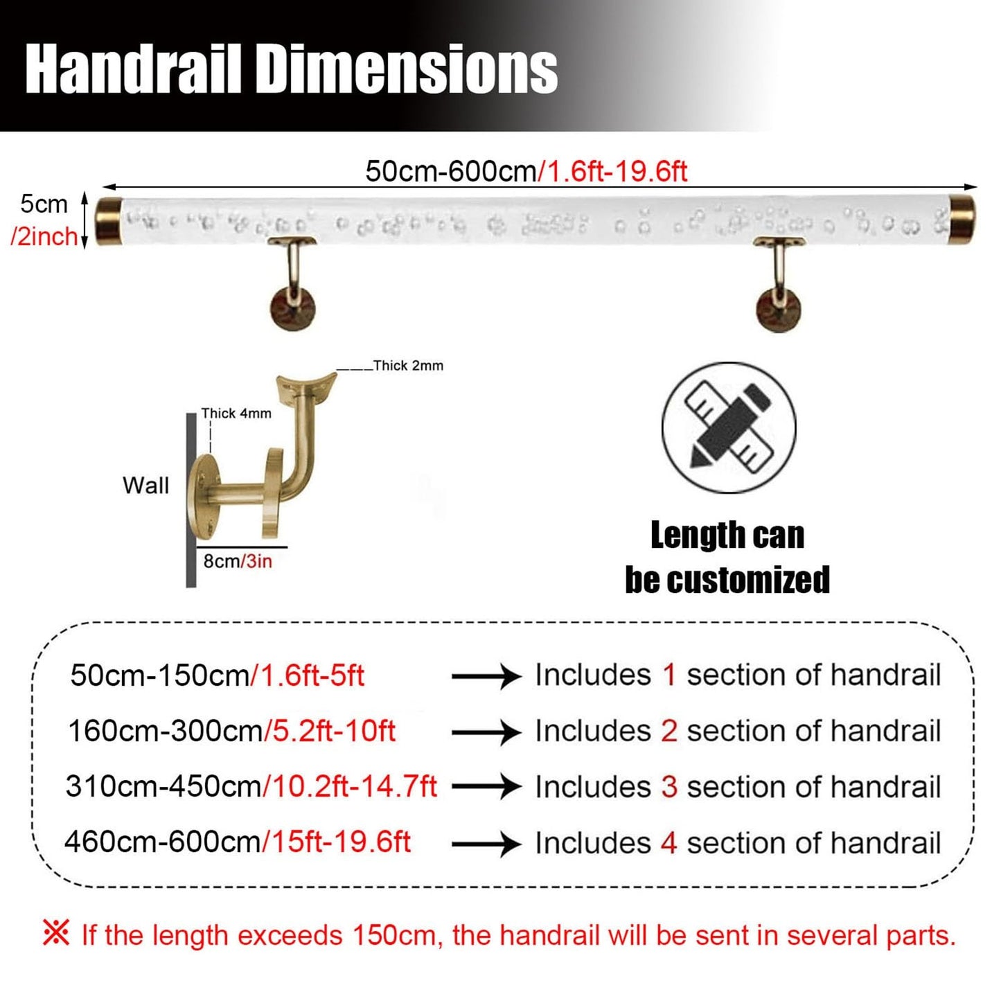 Clear Acrylic Handrails for Indoor Stairs - 3ft/4ft/5ft/6ft/8ft/10ft/12ft/14ft/20ft Non-Slip Transparent Crystal Staircase Handrail(Gold Bracket,250cm(8.2ft))