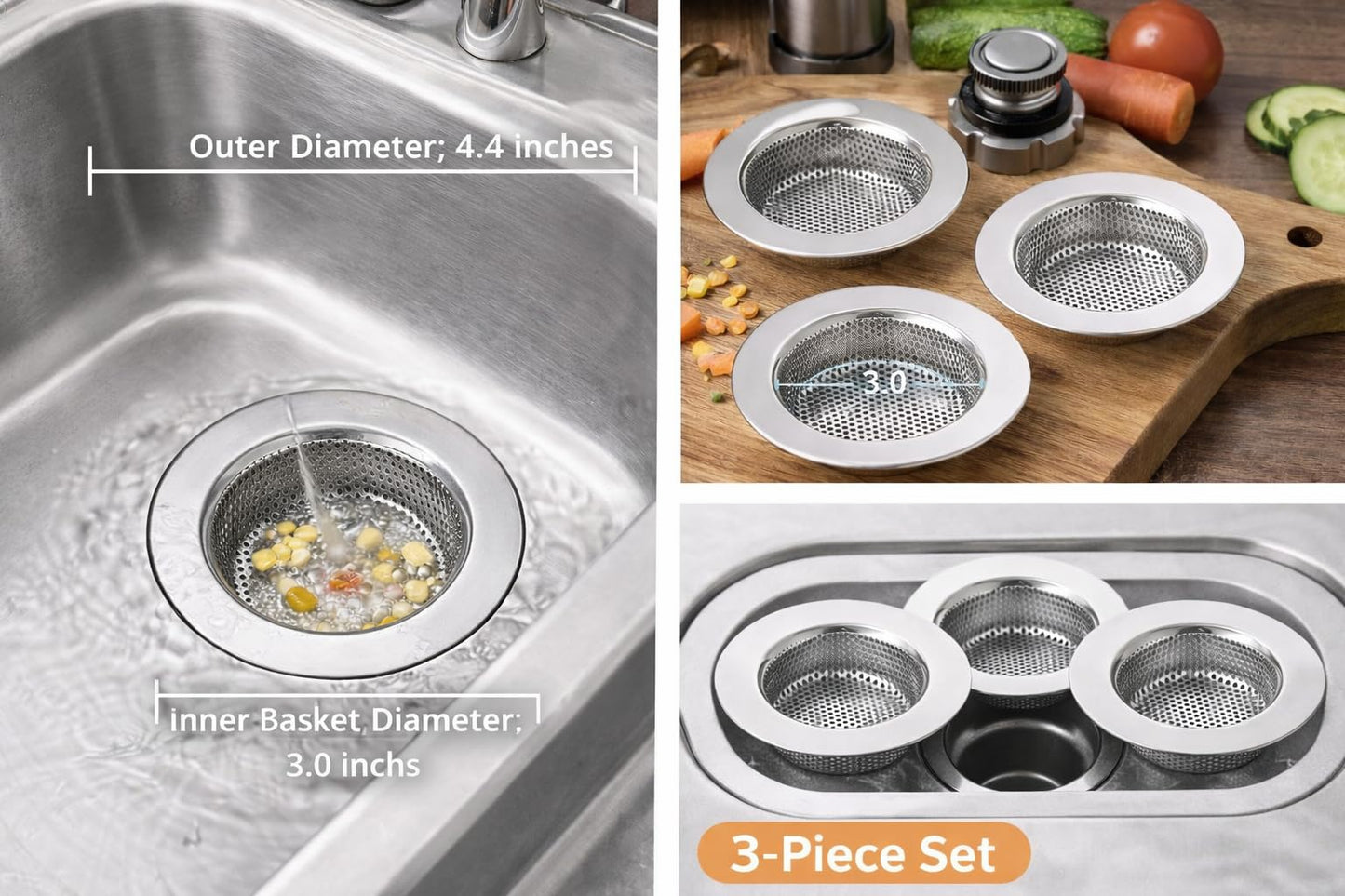 Sink Strainer Basket (3 Pack) – 304 Stainless Steel Kitchen Drain Strainer, Anti-Clog Sink Drain Catcher, Rustproof, Fits 4.4” Standard Sink