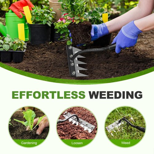 Iron Weeding Rake 2.0, 2025 Upgrade 5/6/7/8 Teeth Carbon Steel Garden Weeder Rakes, Iron Rake for Gardening and Weedings, Heavy-Duty Garden Hand Weeder Puller Tool for Yard Lawn and Garden (5 Teeth)