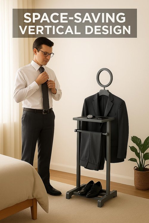 Ergode Carson Valet Stand, Compact Organizer for Clothing and Accessories, Wooden Suit Rack with Hanger, Tray, and Trouser Bar, Ideal for Bedroom, Closet, Office, or Dressing Area