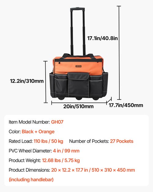 VEVOR 20" Rolling Tool Bag, 110 lbs Load Capacity, 27 Pockets Heavy Duty Roller Tool Bag on Wheels, Adjustable Telescoping Handle & Stable Base, Toolbag Organizers w/Wheels for Construction, Mechanic