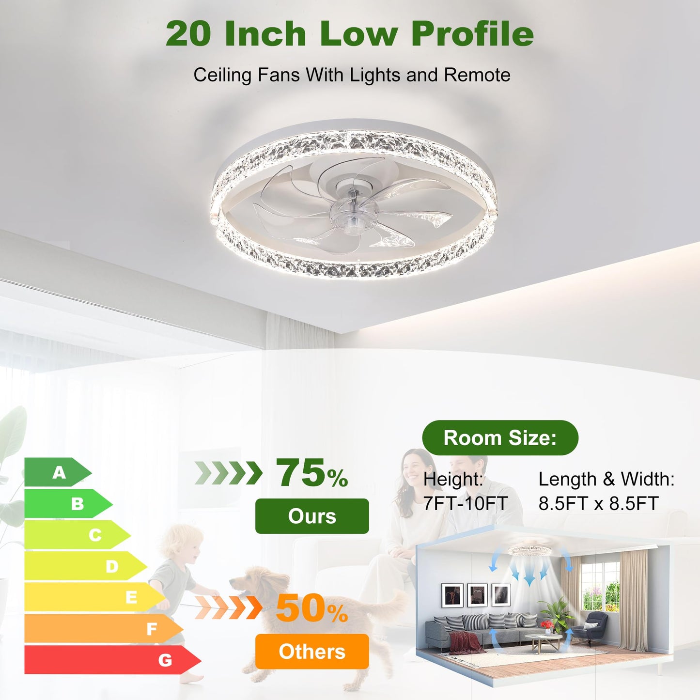 HULKNPE Smart Ceiling Fans with Lights 20" Low Profile Ceiling Fan with Light and Remote Modern Flush Mount Modern LED Ceiling Fan Dimmable Reversible Noiseless 6 Speeds for Bedroom Kids Room Kitchen