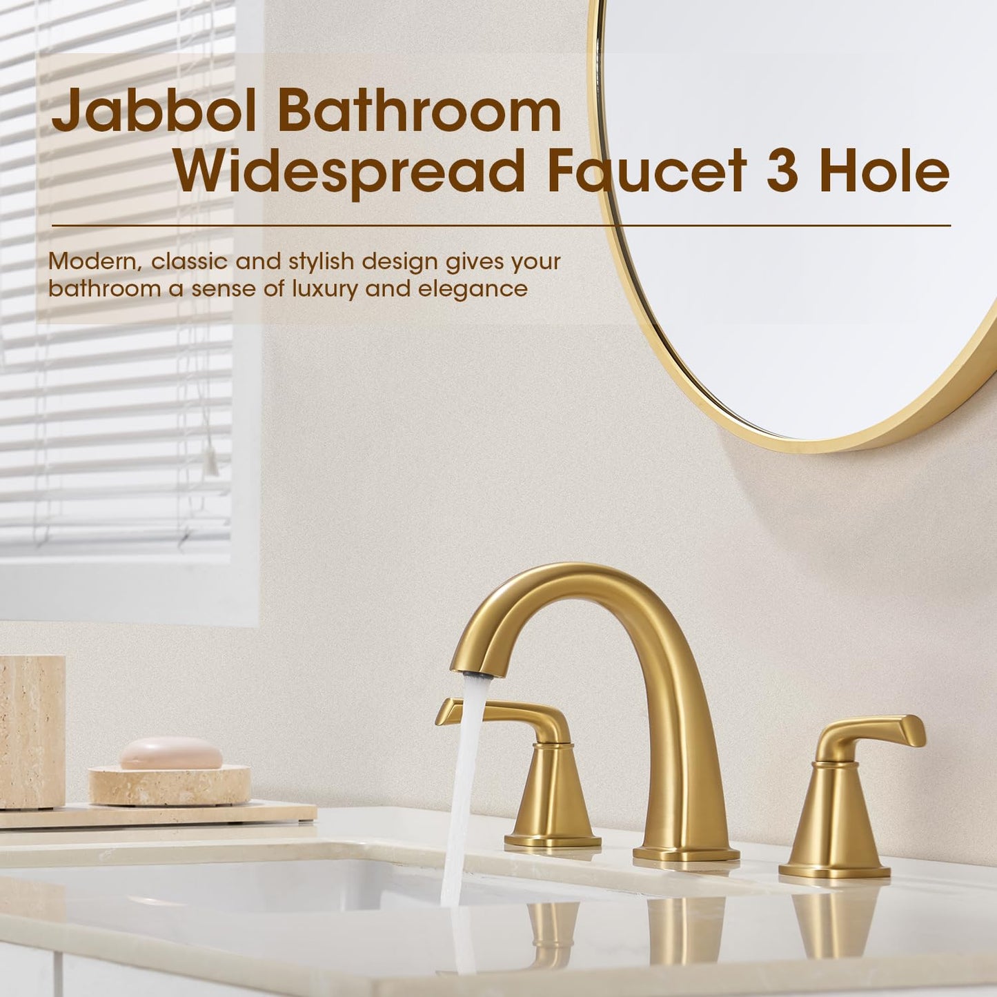 JABBOL Gold Bathroom Faucet,Brushed Gold Bathroom Faucet,Brass Sink Faucets,Bathroom Faucet 3 Hole Brushed Nickel，with Pop Up Drain Supply Hose for Vanity,Lavatory RV Farmhouse