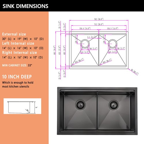 30 Inch Black Undermount Kitchen Sink Double Bowl Workstation -BWXIAOC 30x19 Under Mount Sink 16 Gauge Black Stainless Steel 10 Inch Deep with Accessories