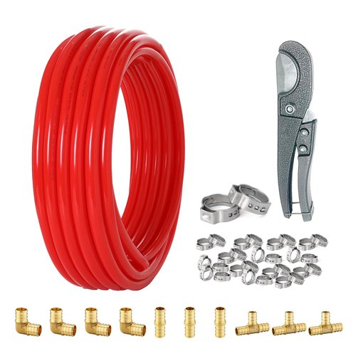 3/4 Inch Seelink Red PEX-B Pipe, 100 ft Pex B Tubing with a Pipe Cutter, 10pcs Brass Crimp Fittings & 30pcs Rings(B-3)