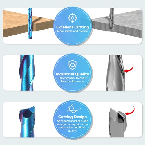 HQMaster Extra Long Spiral Router Bit Upcut 1/4 Inch Shank Solid Carbide CNC Router Bit with Nano Blue Coating CNC Bits End Mill for Woodwork Mortise Slot Trim