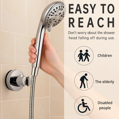 V-Frankness Shower Holder with Suction Cup, Removable No-Drill Wall Mount, Universal Bathroom Hose Bracket, Chrome