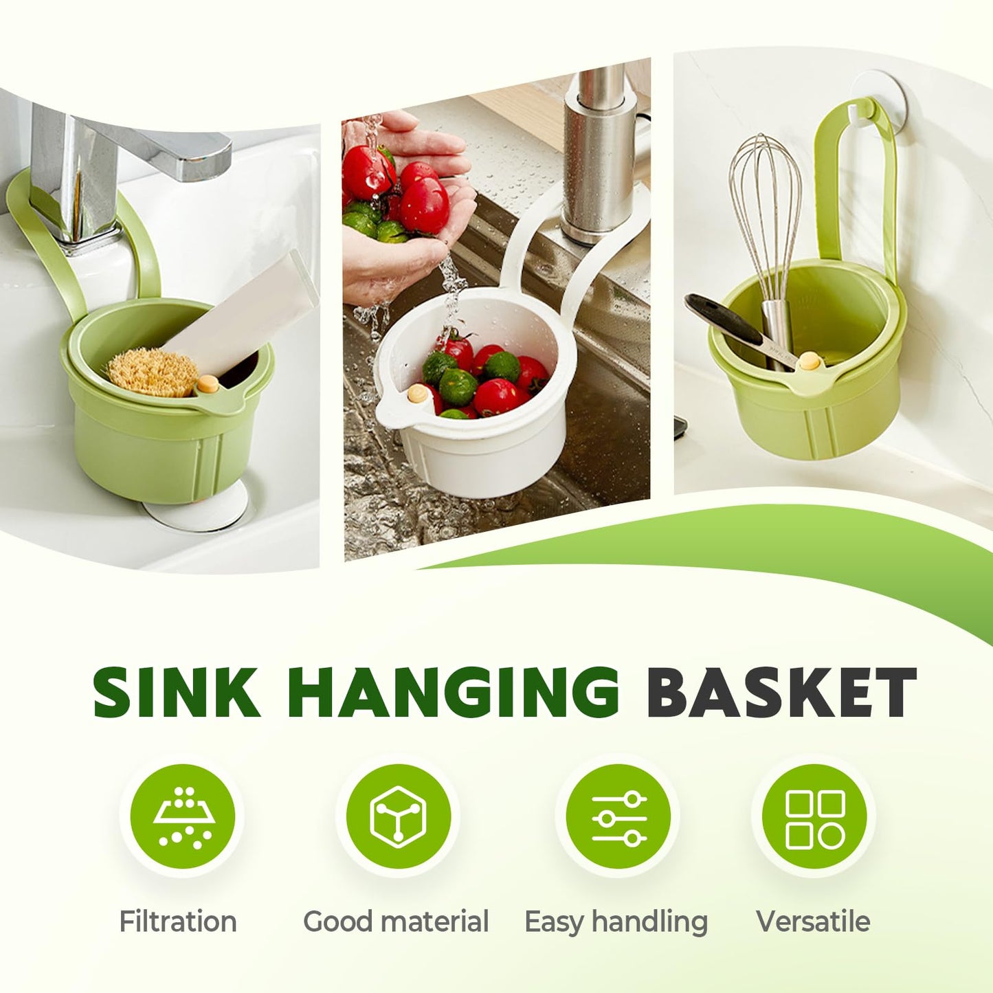 Multifunctional Drainage Basket, Kitchen Sink Food Waste Catcher Faucet Hanging Press Automatic Dumping Kitchen Draining Basket Faucet Hanging Strainer Basket with Automatic Dumping (Green, 1pcs)