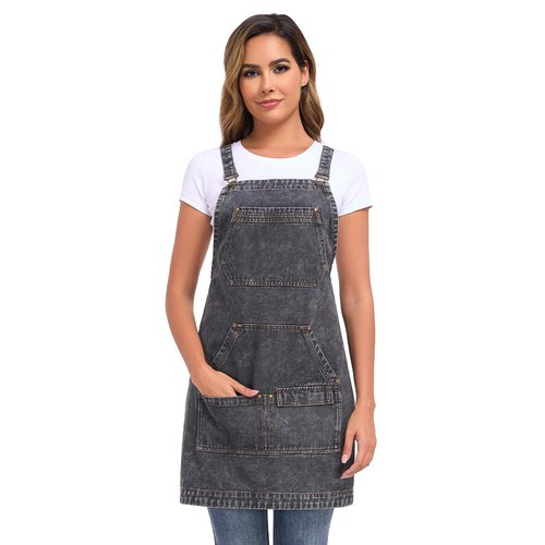 Beitiny Denim Apron with Pockets, Cross Back Apron for Men Women, Jean Work Aprons for Hairstylist Barber Grilling Gardening, Adjustable S to L