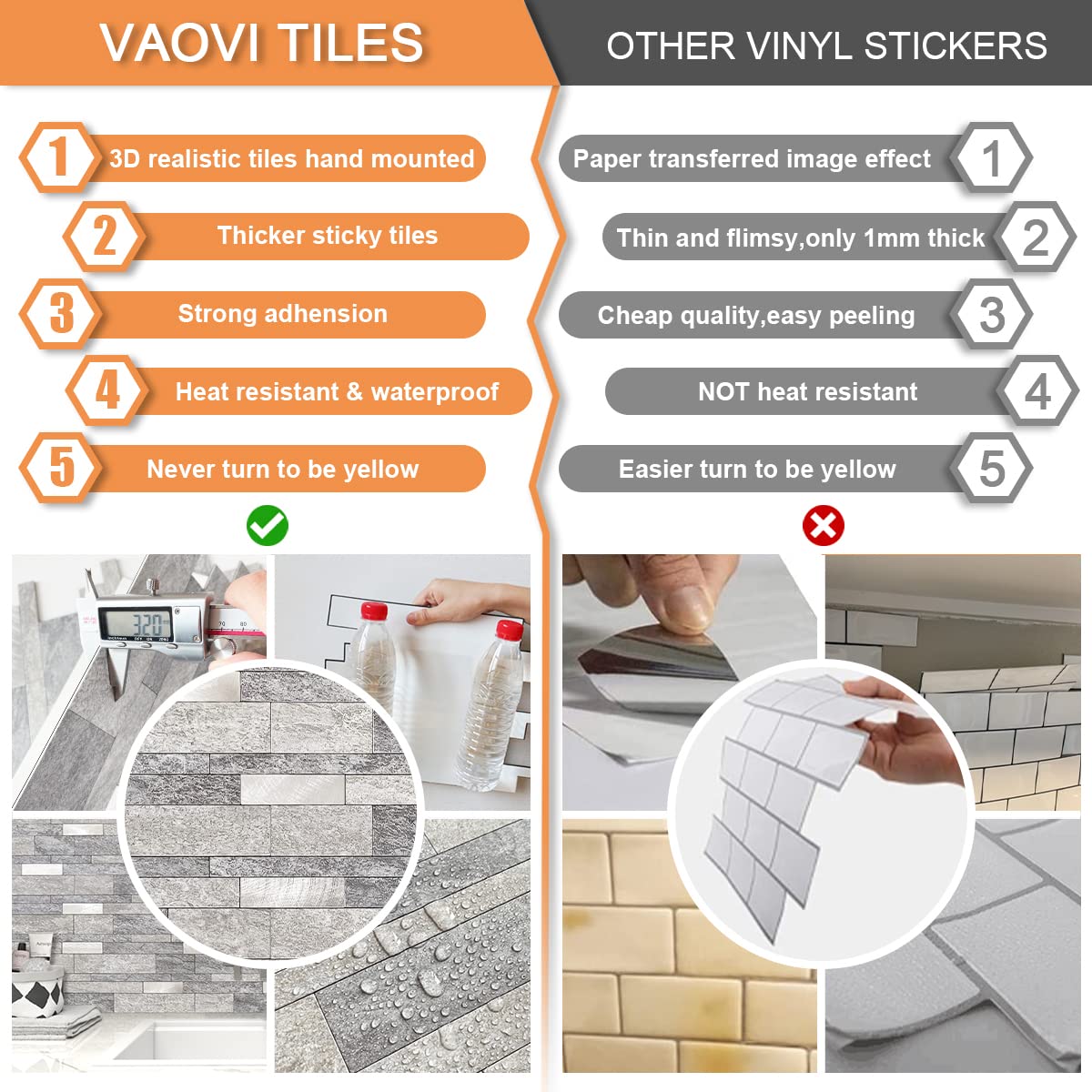 VAOVI Backsplash Tile Peel and Stick Kitchen Stone Subway Linear Mosaic Bathroom Shower Wall Waterproof(10pcs,Gray)