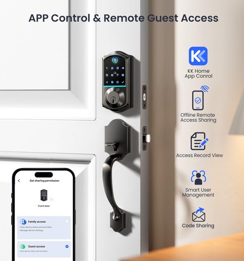 Veise VE017-H Fingerprint Smart Front Door Lock Set, App Control, Keyless Entry Deadbolt with Handle, Smart Deadbolt, Emergency Power Port, Touchscreen Keypad, Auto Lock, Easy Install, Matte Black