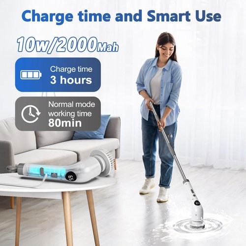 Qimedo Handheld Spin Scrubber with 40In Extended Long Handle, Rechargeable Electric Shower Scrubber for Cleaning, Cordless Power Dish Scrubber with 7 Brushes for Bathtub Grout Tile Floor