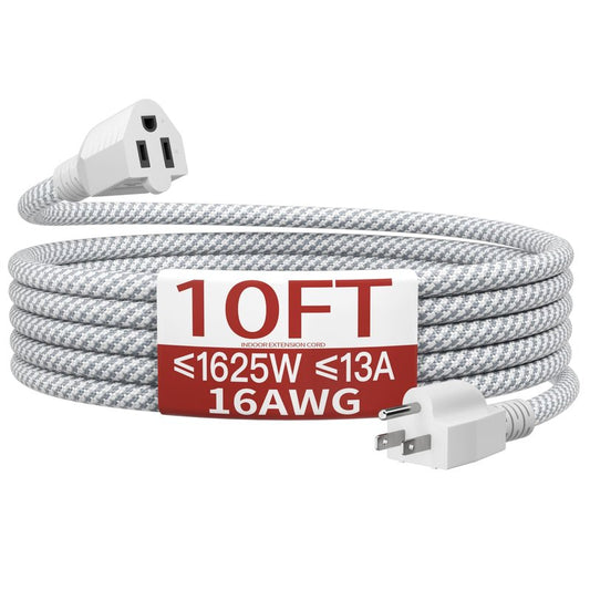 16/3 Braided Extension Cord 10 FT, Braided Extension Cord Flexible & Durable, Indoor 3 Prong Power Cable, Suitable for Home and Office, 13 Amp 1625 Watt 125VAC 16AWG, ETL Listed