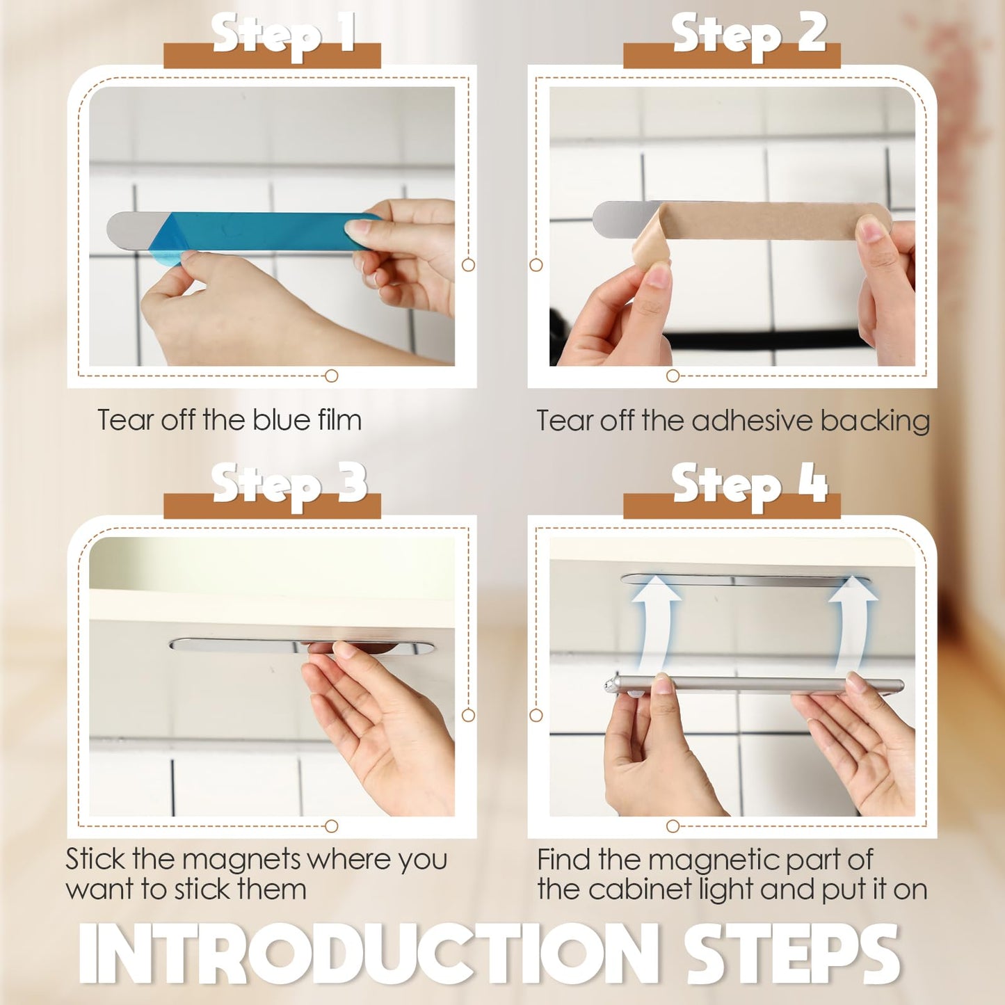 Konohan 4 Pcs Under Cabinet Lights Magnetic Sticky, Cabinet Lights Replacement Magnetic Strips