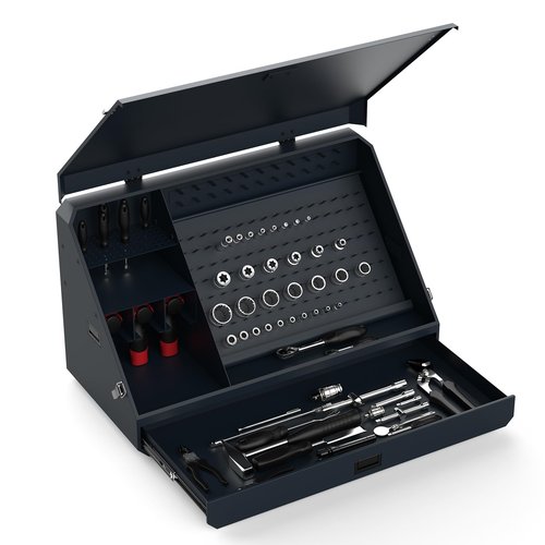Hymula Portable Weather-Resistant Triangle Steel Toolbox with Lock, 16-Gauge Multi-Tier SAE & Metric Chest, Pull-Out Drawer for Truck, 36.8"W x 17.5"D x 21.6"H