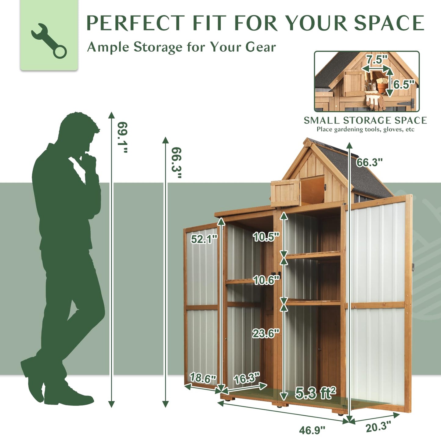Outdoor Storage Cabinet Weatherproof with 3 Adjustable Shelves, 66'' H Wood & Metal Storage Shed with Lockable Doors & Waterproof Roof, Outside Garden Tool Sheds, Brown