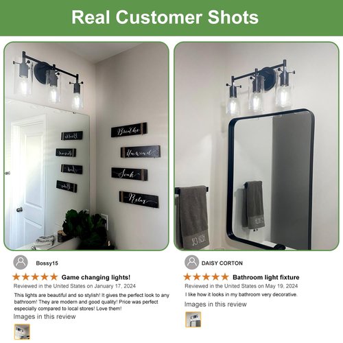 Bathroom Light Fixtures 2023 Upgrade, 3-Light Matte Black Vanity Light, Black Bathroom Lights Over Mirror with Clear Glass Shade, Wall Sconces for Mirror Bedroom Living Room Hallway