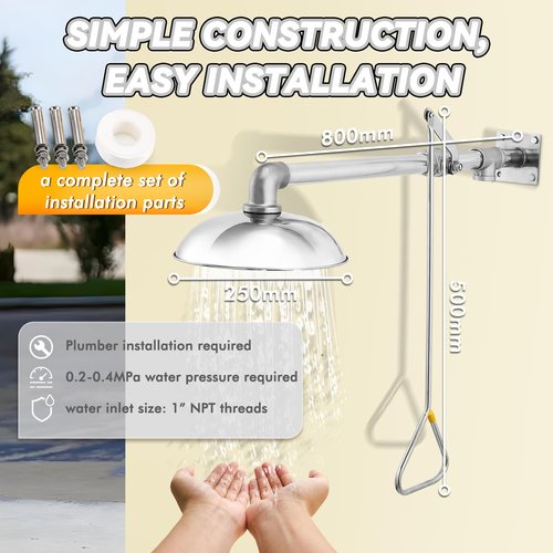 CGOLDENWALL Emergency Shower Safety Shower Station Horizontal Mount Drench Head, Can Match with Eye Wash Station, NPT thread, 304 Stainless Steel