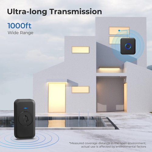 FOVKSUC Wireless Doorbell, Waterproof Door Bell with 60 Chimes, 5 Volume Levels & 2 Mute Modes, Loud Doorbells Wireless for Home Classroom Office (1 Receiver & 1 Button, Black, American Plug)