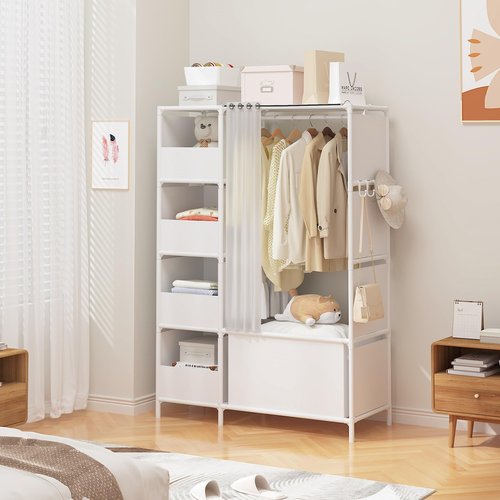 MOYIPIN Portable Closet，Free Standing Wardrobe Closet with Hanging Rod and Curtain，Clothes Storage Organizer, for Cloakroom, Bedroom，40.55 x 16.73 x 65.35Inches，White