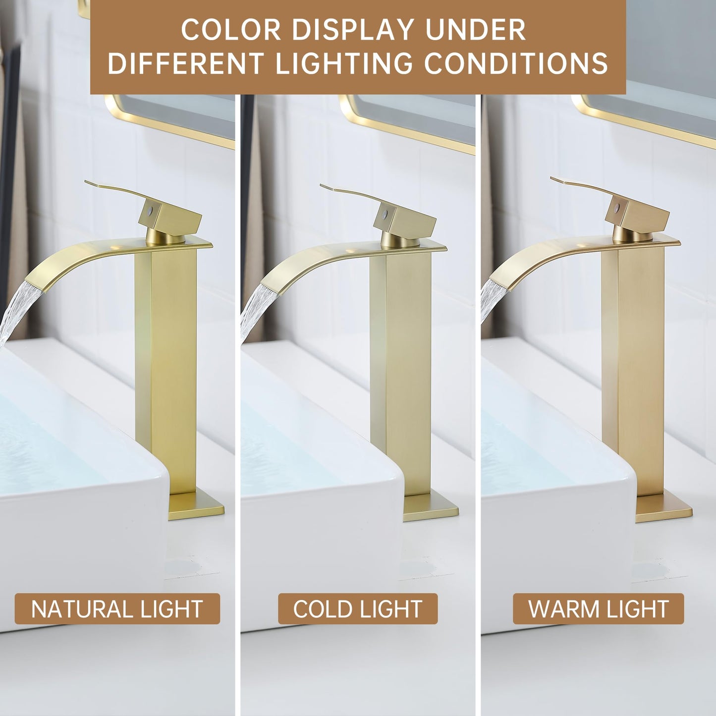 Fransiton Tall Vessel Sink Faucet Brushed Gold Faucet for Bathroom Sink Tall Waterfall Bathroom Faucet Single Handle 1 or 3 Hole Wash with Pop-up Drain