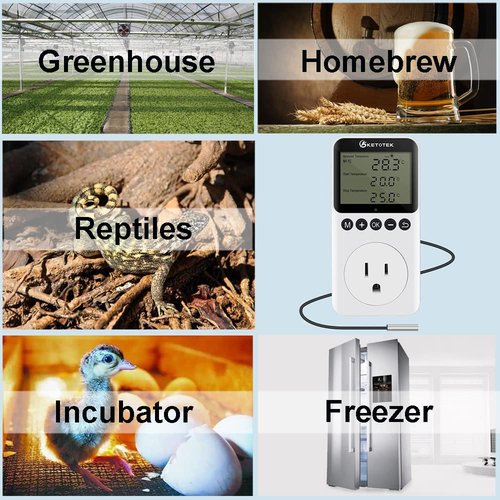 KETOTEK Digital Day/Night Temperature Controller 120V, Thermostat Outlet Plug with Timer, Thermostatic Outlet Switch 110V with 3m Sensor for Reptile Terrarium Greenhouse, Heating/Cooling Temp Control
