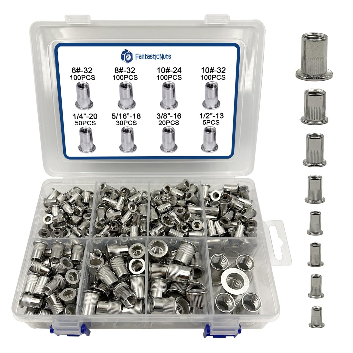SAE Rivet Nut Assortment Kit 505Pcs 6-32 8-32 10-24,1/4-20, 3/8-16, 5/16-18,1/2-13 304 Stainless Steel Flat Head Threaded Rivet Insert Rivet Nuts