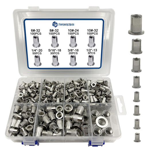 SAE Rivet Nut Assortment Kit 505Pcs 6-32 8-32 10-24,1/4-20, 3/8-16, 5/16-18,1/2-13 304 Stainless Steel Flat Head Threaded Rivet Insert Rivet Nuts