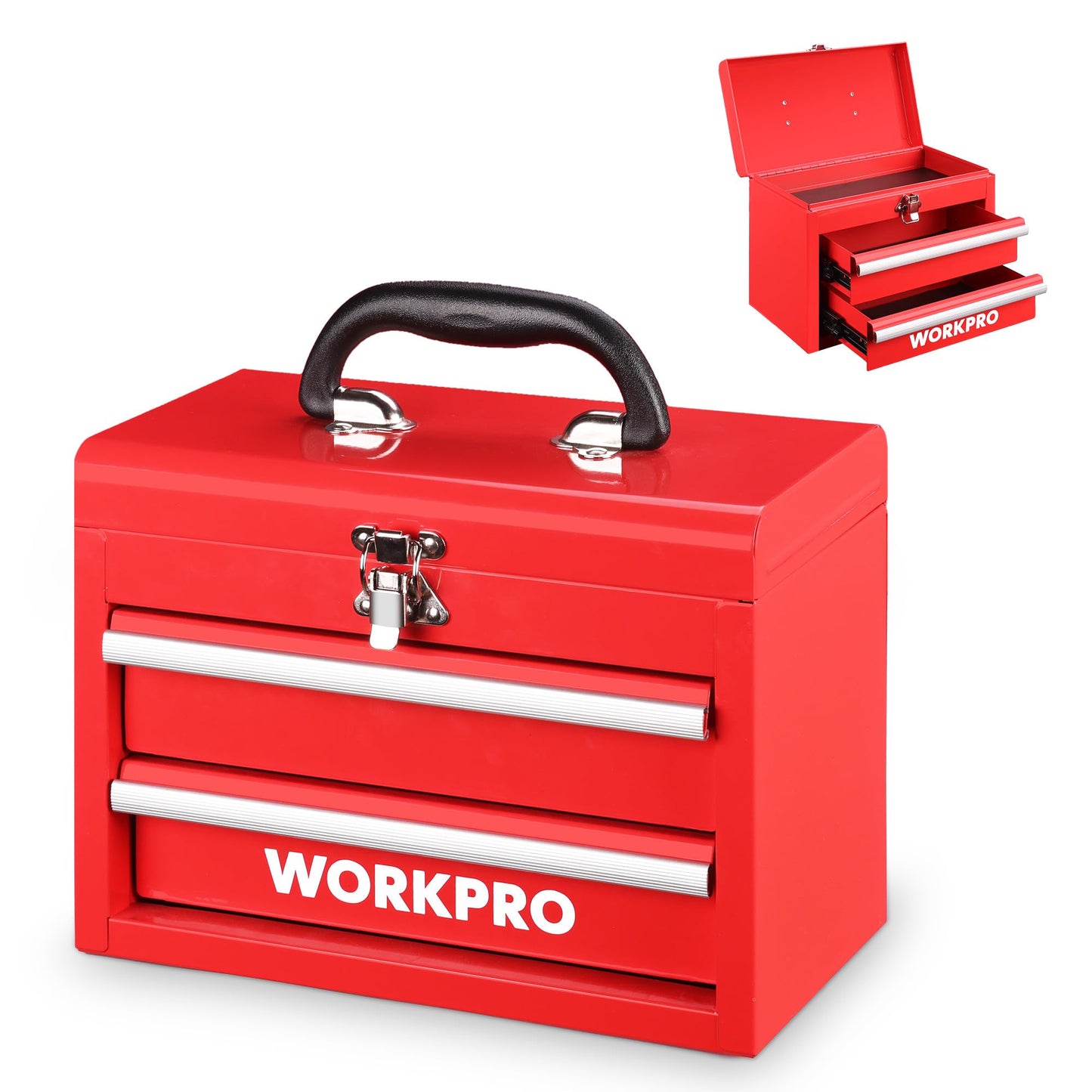 WORKPRO Portable Mini Tool Box, 2 Drawers Metal Tool Chest with Ball Bearing Slides, Top Storage and Lockable Latches, Ergonomic Carrying Handle, Mechanic Toolbox with PVC Liners and PP Feet Pads