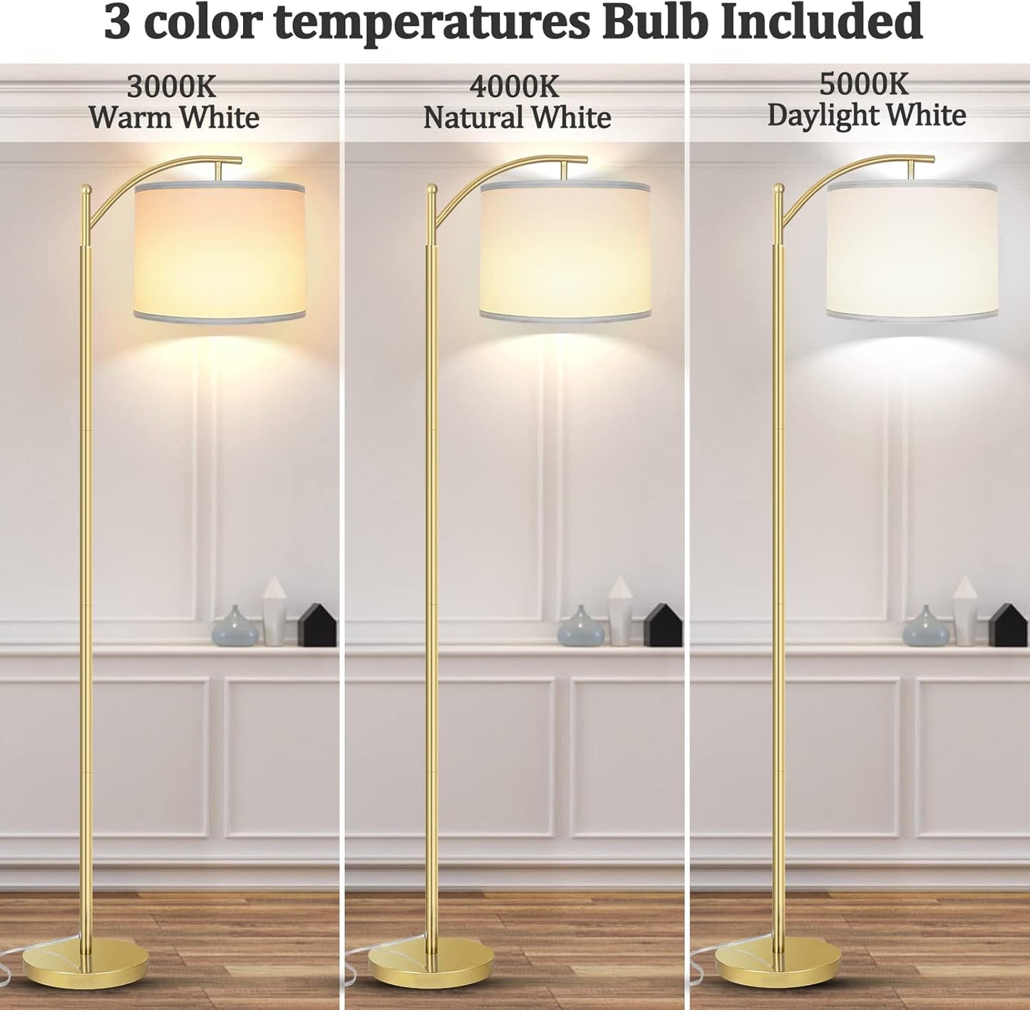 ROTTOGOON Floor Lamp for Living Room with 3 Color Temperatures LED Bulb, Standing Lamp Tall Industrial Floor Lamp Reading for Bedroom, Office (9W LED Bulb, Beige Lampshade Included) -Black