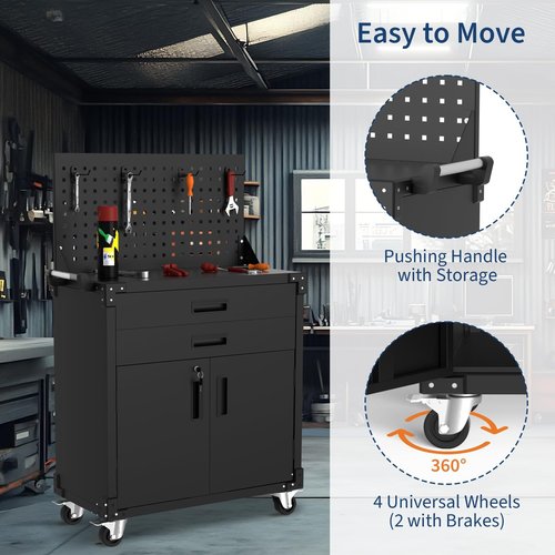 EcoSummer Heavy Duty Steel Rolling Tool Cabinet with Wheels, 2 Drawer, Pegboard, Adjustable Shelves 2 Doors, 35” Mobile Storage for Garage, Workshop, Warehouse Organization