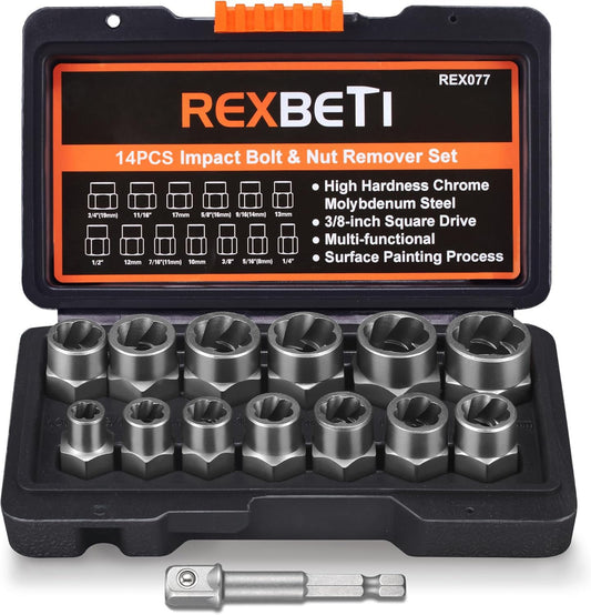 REXBETI Impact Bolt & Nut Remover Set, 13+1 Pieces Bolt Extractor Tool Set with Solid Storage Case