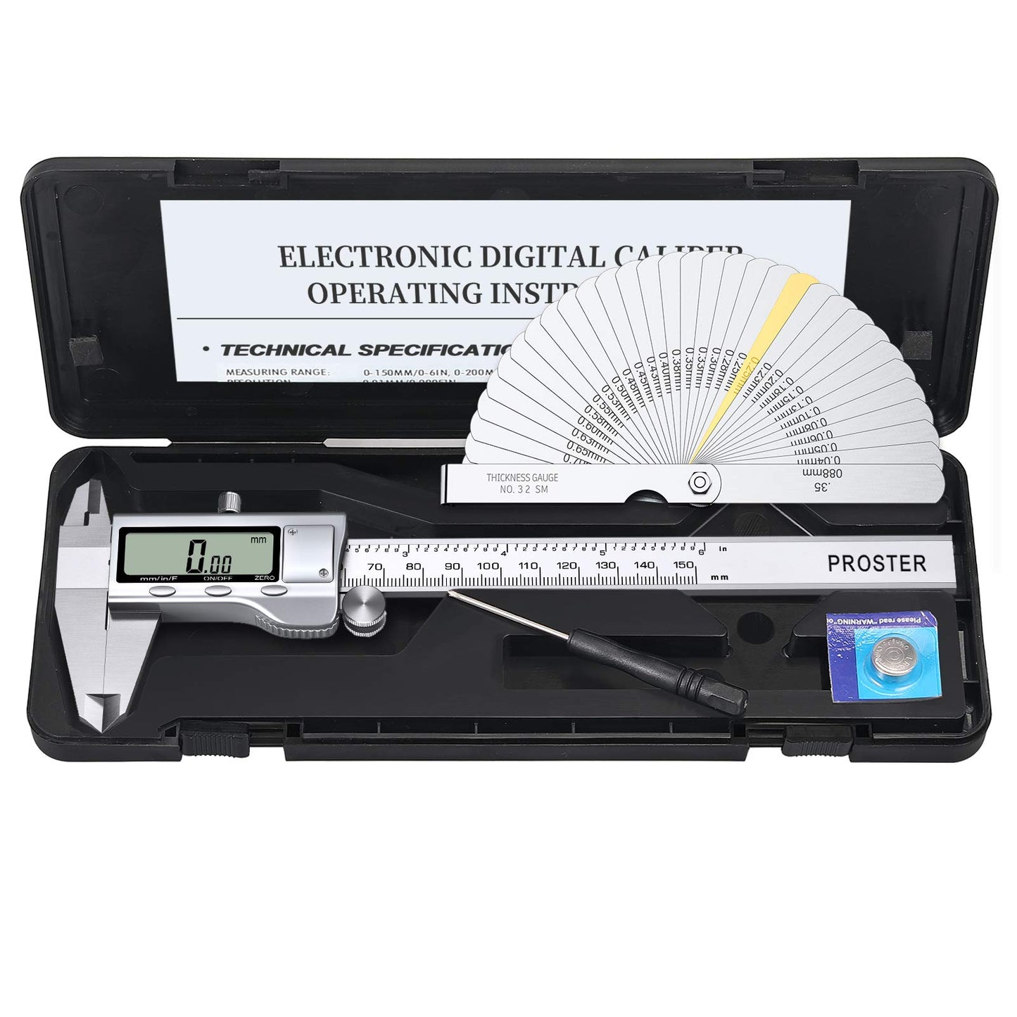 Proster Digital Vernier Caliper 6inch 150mm - Electronic Caliper Fraction/Inch/Metric Dial Caliper for Length Width Depth Inner Outer Diameter, with 32 Feeler Gauges