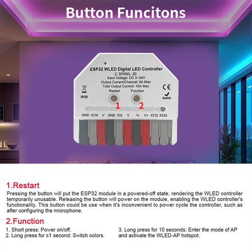 JAADOEY ESP32 Mini WLED LED Controller, Smart DIY Lighting, Easy Wiring, Compatible with Addressable RGB LED Strip Lights WS2811, WS2812, WS2813, WS2815, SK6812, TM1814, C-309WL-JD