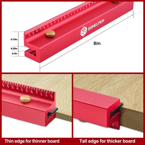 8 Inch Removable Carpenter Framing Square Fence with Edge Marking Ruler, Anodized Solid Aluminum Alloy Body & Brass Knobsn for Woodworking Measuring Ruler Stops Fences