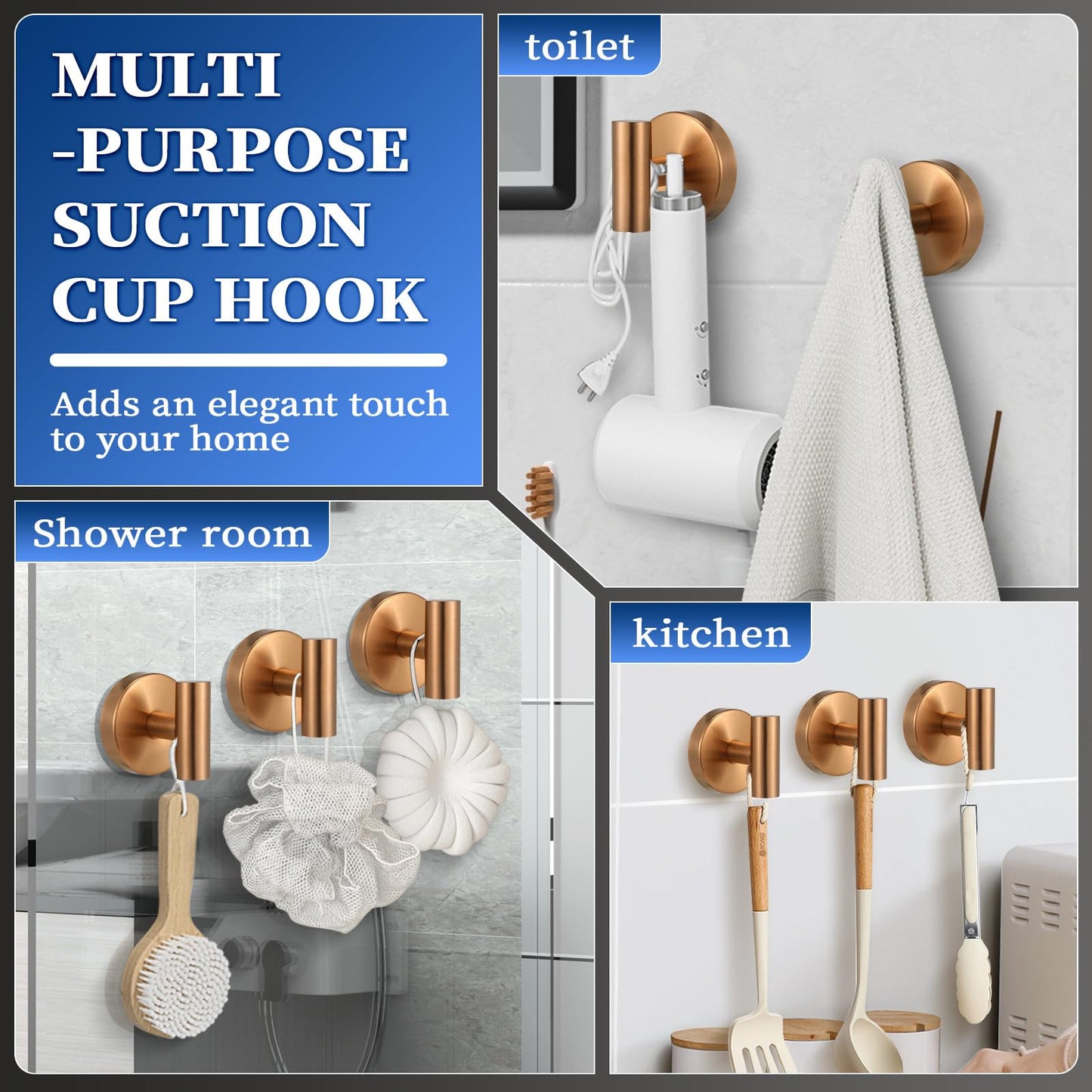 warlve Heavy Duty Reusable Suction Cup Hooks for Shower - No Drill Bathroom/Glass/Mirror/Tiles & Metal Surfaces,and Smooth Non-Porous Surfaces for Towels, Robes, Loofahs (2, Champagne Bronze)