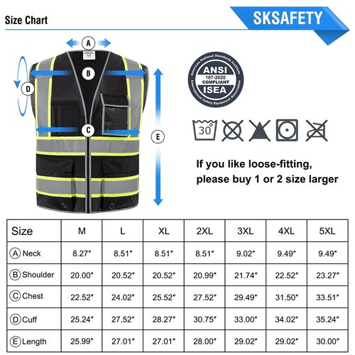 SKSAFETY 10 Pockets Safety Vest, Class 2 High Visibility Security with Zipper, Hi Vis Vest with Reflective Strips, ANSI/ISEA Standard, Construction Work Vest for Men ＆ Women （Black, M）