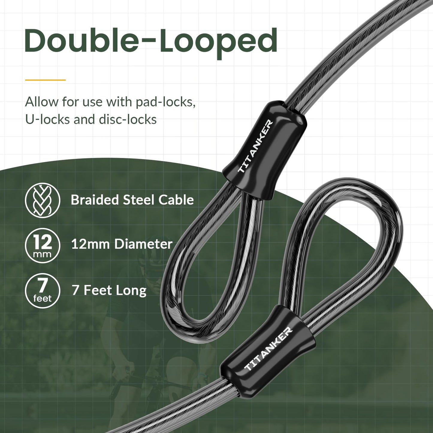 Titanker Bike Lock Cable,12mm Thick Security Cable with Loops Heavy Duty Steel Cable Vinyl Coated Bike Cable Lock Security Chain (4ft, 7ft, 15ft, 30ft)