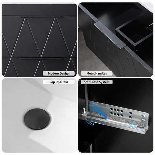 eclife 30" Bathroom Vanities Cabinet with Sink Combo, Wall Mounted Floating Cabinet W/Decor Line, Soft-Close System, 2 Extra Big Drawers, Matte Black Faucet, Black