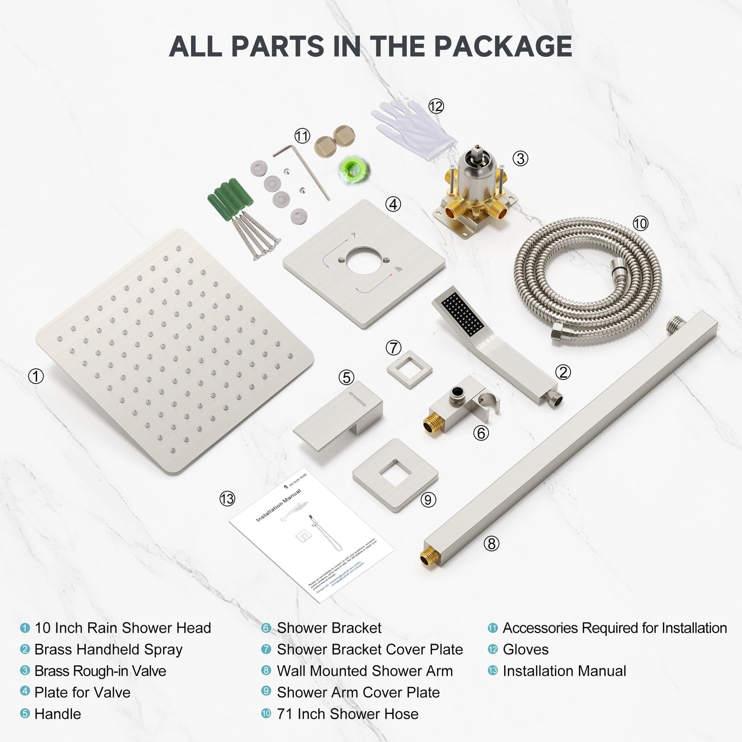 SR SUN RISE Shower Faucet Set & System - 10 Inch Rainfall Shower Head & Handle Set Wall Mounted Brushed Nickel Solid Brass Valve Trim Kit Included