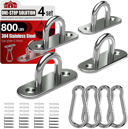 sprookber 304 Stainless Steel Pad Eye Snap Hooks, M5 Heavy Duty Ceiling Hooks, 500 lb Capacity Hammock Swing Hanging kit, Plant Hangers, Marine Hardware Staple Hook Loop with Screws, Set of 8