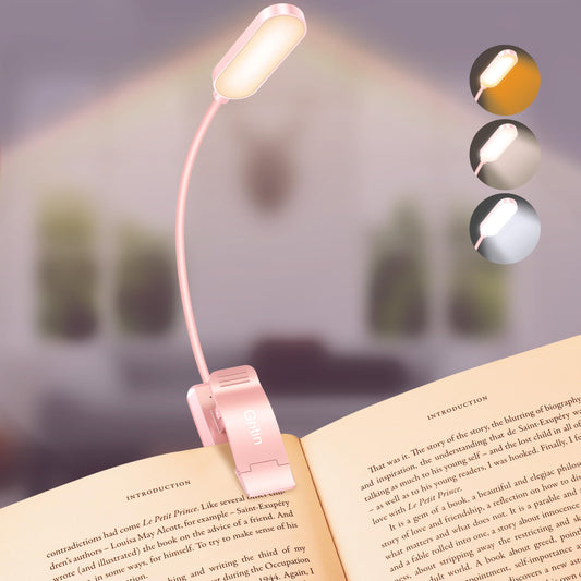 Gritin 16 LED Rechargeable Book Light for Reading in Bed- Eye Caring 3 Color Temperatures, Stepless Dimming Brightness, 80 Hrs Runtime, Lightweight Flexible Clip on Light for Book Lovers-Pink