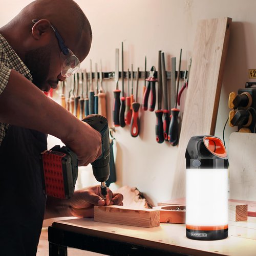 BLACK+DECKER 300LM LED Lantern, Multiwhite 360° Illumination with 5 Light Modes, Frosted Exterior, Folding Hook, up to 12 Hours Runtime, AA Battery Operated, IP65 Waterproof for Camping, Hiking, DIY