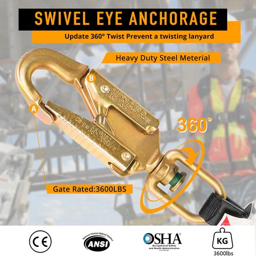 TRSMIMA Fall Protection Retractable Lanyard - 6FT Construction Self-Retracting Lanyard Fall Arrest Safety Roofing Heavy Duty Leading Positioning ANSI OSHA Class B