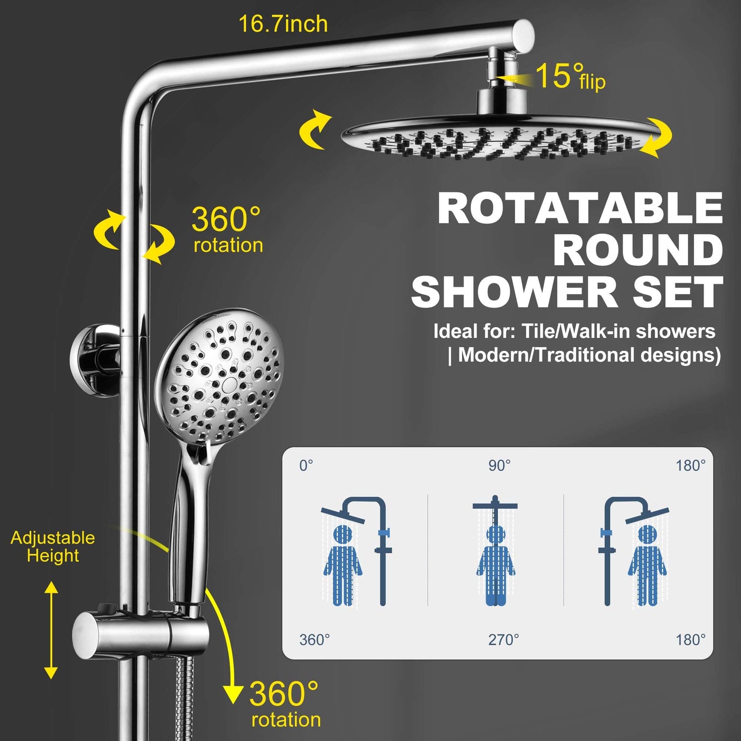 SonTiy 9" Shower Head with Handheld Spray, Rain Shower Heads System, 5 Spray Mode Handheld, Modern Shower System with Easy Reach Diverter, 72'' Hose and Height Adjustable Holder, Chrome