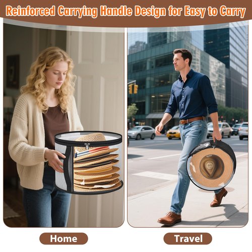 lahnao 2PCS Oversized Clear Hat Storage Bag for Women 16.5 x 10.4Inch, Round Foldable Cowboy Hat Box with Carrying Handles, Hats Box for Travel Holds up to 7 Caps (Black, Grey)