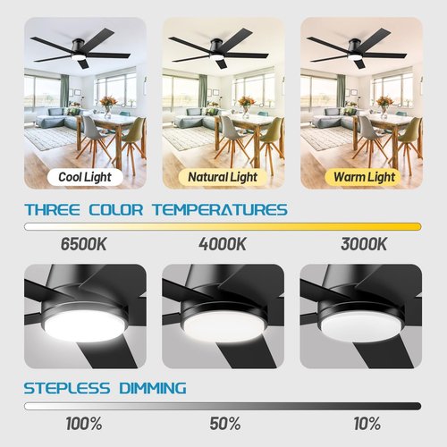 wurzee 60 inch Flush Mount Ceiling Fan Black Ceiling Fans with Lights 6 Speeds DC Reversible Motor, Timing, Dimmable, 5 Blades for Study, Nursery, Indoor Patio Porch Garage Shop